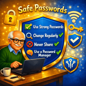 Elderly man promoting password safety tips